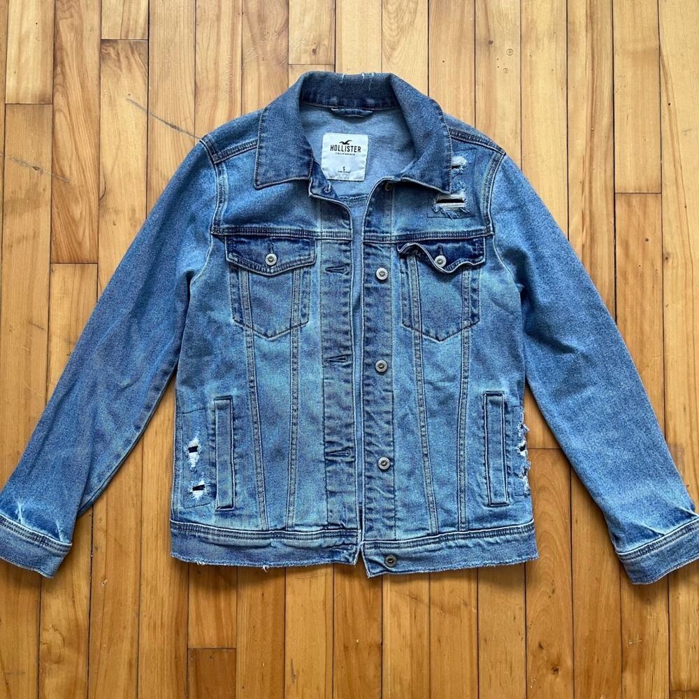 Hollister Distressed Denim Jacket Blue Button Front Pockets Size S